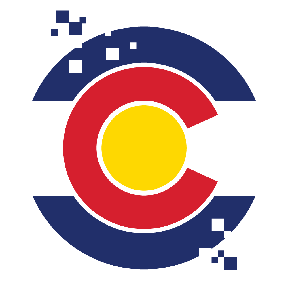 The Colorado Digital Service Logo: A dark blue circle with squares that represent pixels appearing to float away. A white horizontal stripe cuts through the middle of the blue circle. A red letter "C" with a yellow circle in the middle is layered on top. 