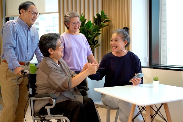 Happy elder people talking together