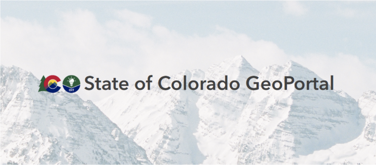 "State of Colorado GeoPortal" over a snowy mountaintop background