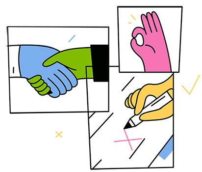 Colorful hand drawn illustration of hands in collaborative gestures; a hand shake, an okay sign and checking a box
