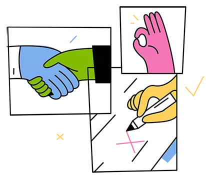 Colorful hand drawn illustration of hands in collaborative gestures; a hand shake, an okay sign and checking a box