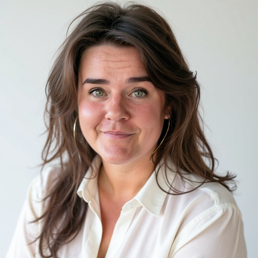 Woman with long dark brown hair wearing an ivory button down shirt and large gold hoop earrings smiling. 