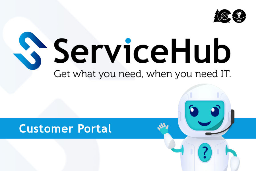 "ServiceHub - Get what you need, when you need IT" text with blue and white robot graphic