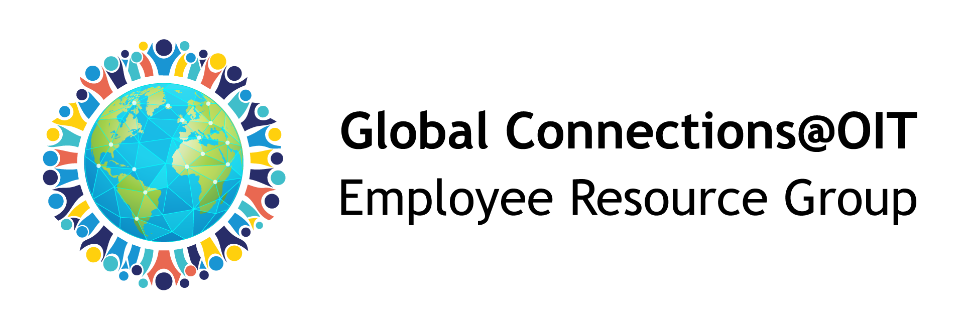 A horizontal logo for "Global Connections@OIT Employee Resource Group." The logo features a stylized globe on the left, with an interconnected mesh pattern on the continents. Surrounding the globe is a circular pattern of abstract human figures of various colors, holding hands in a ring. To the right of the image, the text "Global Connections@OIT" is on the top line, with "Employee Resource Group" on the bottom line.