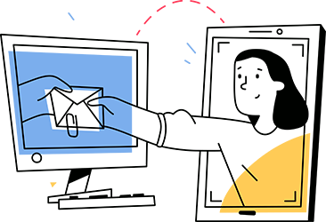 Illustration of a person reaching through a mobile device and handing an envelope to someone through a desktop monitor